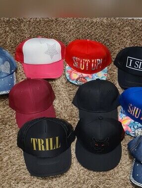 Assorted Trucker & Snapback Hat Lot - Black, Red, Pink, Blue. 10 Hats Included.